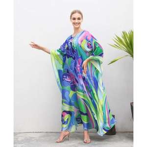 Vestido Kaftan Largo con Estampado Abstracto Colorido para Mujer, Estilo Holgado con Mangas Murciélago, Ropa de Playa, Salida de Baño - Product Image 2