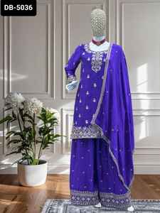 Nouveau concepteur femmes porter Chinon matériel Salwar Kameez costume avec broderie séquence travail Sharara costume pour mariage Festival porter - Product Image 5