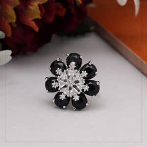 Black American Diamond Adjustable <b>Finger</b> <b>Ring</b> with Brass and Silver Plating - Product Image 1