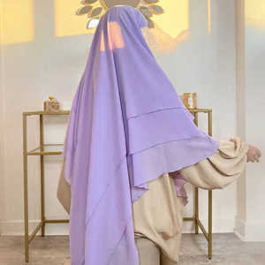 2024 haute qualité Khimar 3 couches plaine écharpe de prière avec volant pour les femmes musulmanes tête cravate dos Thobe/Thawb pour la prière de printemps - Product Image 3