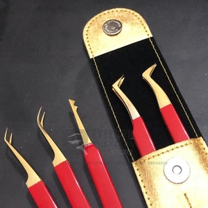 Pinzas de extensión de pestañas de acero inoxidable japonés de alta calidad, punta de fibra de oro rojo, pinzas de pestañas de etiqueta privada probadas a mano - Product Image 4