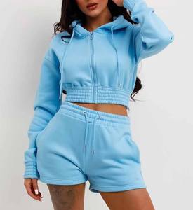 Ensemble de vêtements de sport décontractés pour femmes de haute qualité Logo personnalisé Sweat à capuche court deux pièces avec cordon de serrage et short - Product Image 5