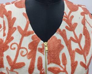 <b>Women's</b> Sleeveless 100% Cotton Handmade Embroidered V-Neck <b>Waistcoat</b> Front Open Zipper Design Closer Pockets Trendsetter Vest - Product Image 3