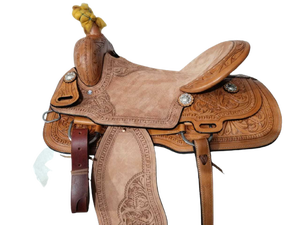 Selle de cheval occidentale anglaise sculptée à la main en cuir naturel de qualité supérieure de l'Inde disponible dans toutes les tailles - Product Image 2