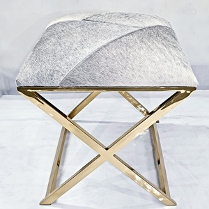 Tabouret croisé de haute qualité en acier inoxydable finition miroir, siège rembourré en cuir, plusieurs couleurs, pour la maison et le bureau, design contemporain - Product Image 2