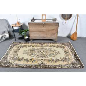 Vintage 3.8 X 7ft Beige <b>Brown</b> <b>Wool</b> Rug Handmade Turkish Classic Style with Patchwork Design Latex Backing for Bedside Use - Product Image 1