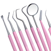 SET 8 Alat Pembersih Mulut Dokter Gigi Warna Pink, Termasuk Cermin Mulut, Pinset, Probe Ganda, Pencungkil, Skaler, Bahan Stainless Steel