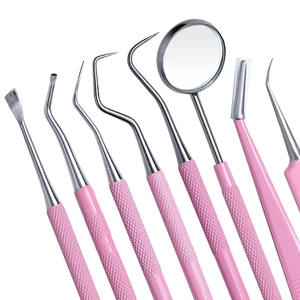 Kit de 8 outils dentaires roses pour le nettoyage buccal : miroir buccal, pinces, sonde double, curette, détartreur en acier inoxydable - Product Image 3