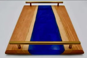 Elegante bandeja de servicio de madera de acacia hecha a mano mango de Metal de resina transparente regalo de cocina decorativo único para té comida rápida boda - Product Image 3