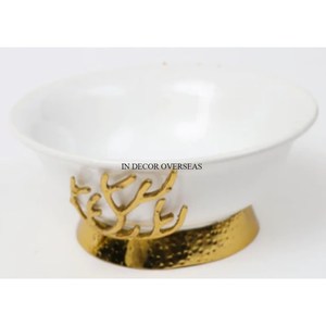 Hot Selling <b>White</b> Color Enamel Finished Metal Food <b>Serving</b> <b>Bowl</b> With Gold Plated Hammered Texture & Unique Designer Base - Product Image 1