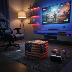 Artisans Art Modern USA Flag Print Jute Burlap <b>Pouf</b> 45x45cm Square American Stars Stripes Padded <b>Footstool</b> Living Room Cube Seat - Product Image 2