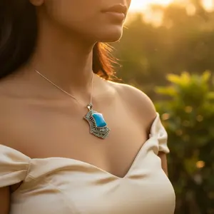 จี้เงินแท้ 925 ทำมือ ประดับเทอร์ควอยซ์และมาร์คาไซต์  ชุบทองคำสีกุหลาบ  เครื่องประดับศาสนาสำหรับผู้หญิง - Product Image 1