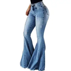 Celana jins denim wanita, celana denim jins pinggang tinggi gaya streetwear bell bottoms