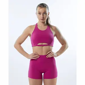 Soutien-gorge de sport rose pour femmes, 78% Nylon, 22% élasthanne, col montant, dos nageur, ourlet sans attache, Support moyen, une pièce Arcade