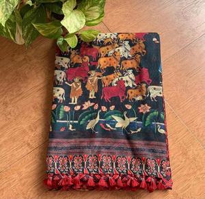 Sari de seda de lino con estampado Digital clásico Premium de lujo exclusivo para mujer de Bollywood indio - Product Image 2