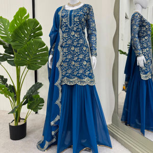 Collection Couture Exclusive Faux Georgette Premium Top Élégant Sharara & Dentelle Pailletée Bordée Dupatta - Product Image 1