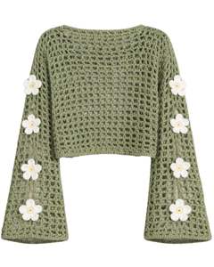 Customized Green Crochet Knit Crop Sweater Women Floral Applique Flare Sleeve Open Weave Lightweight Fashion Top Spring Summer - Product Image 2