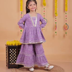 Conjunto de Sharara púrpura para niñas, traje de fiesta étnico con Top Peplum y pantalones acampanados para festivales y bodas - Product Image 1