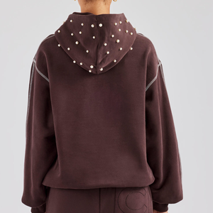 Pull à capuche pour femme, style français, personnalisé, très vendu, en coton avec pompons et perles brodées, motif uni, respirant - Product Image 4