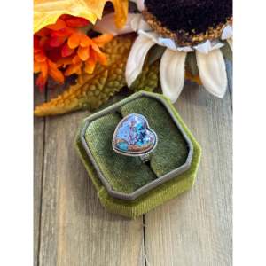 Southwest Handmade Mohave Turquoise <b>Sterling</b> <b>Silver</b> <b>Adjustable</b> Boho Heart <b>Ring</b> - Product Image 3