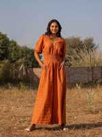 Combinaison vintage ODM orange en lin/coton à jambes larges, manches bouffantes, col en V, respirante, taille mi-haute, pour femme, décontractée, été