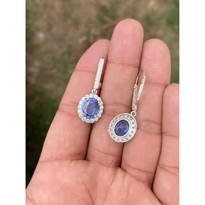 ต่างหูเงินแท้ 925 รูปวงรีประดับแทนซาไนต์ ดีไซน์ทันสมัย สวยงาม - Product Image 4