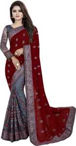 Sari de Seda Crepé Rojo Estilo Indio y Pakistaní para Mujer y Niña, Ropa Étnica India, Ropa de Boda, Sari Elegante Estilo Bollywood - Product Image 2