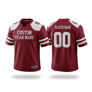 Maillot de football américain rouge unisexe à col en V, manches courtes, personnalisable avec le nom de l'équipe, en mesh 100% polyester, séchage rapide, imprimé par transfert thermique - Product Image 1