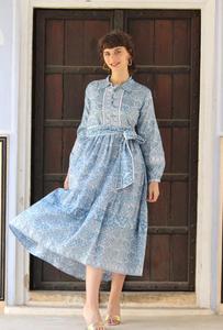 Bloque azul impreso MIDI algodón camiseta estilo Manga completa abullonada cubierta modesto vestido de camiseta - Product Image 3