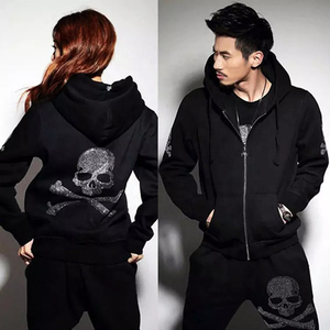 Sudadera Unisex con Capucha de Calavera de Cristal Brillante, Personalizada con Pedrería, Cierre Completo, Letra de Marca, Forro de Mezcla de Algodón de Alta Calidad - Product Image 3