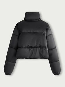 Women's Black Quilted Puffer <b>Jacket</b> Full <b>Sleeve</b> Stand Collar Zipper Closure Winter <b>Short</b> Length Solid Color Thick Polyester - Product Image 2
