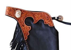 Chaps en cuir occidental de couleur noire de conception usinée de flore d'élite pour l'équitation et le rodéo - Product Image 4