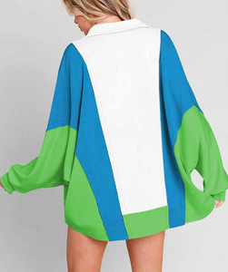 เสื้อสเวตเตอร์แบบผ่าหน้าสำหรับผู้หญิง, เสื้อสเวตเชิ้ตแนวสตรีทแฟชั่นกึ่งเปิดสีตัดกันทรงหลวม - Product Image 4