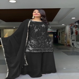 Conjunto de Kurti, Plazo y Dupatta de Georgette Sintética Pesada VASTRA COTTAGE para Mujer, Bordado con Lentejuelas, Diseño Étnico - Product Image 1