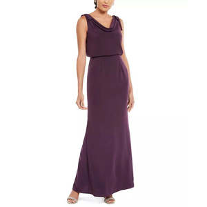 Vestido de noche de satén para mujer Adrianna Papell, talla 4, morado, con abertura, sin mangas, cuello tipo capucha, maxi, corte recto, natural - Product Image 1