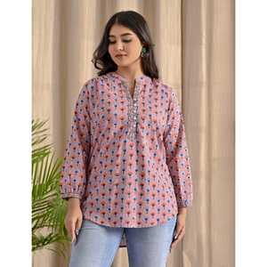 Blusa de Mujer con Estampado Floral Malva, Botones Bordados en la Parte Delantera, Corte Holgado, Tejido de Popelina, Seda y Lino, Talla XL, Estilo Formal - Product Image 4