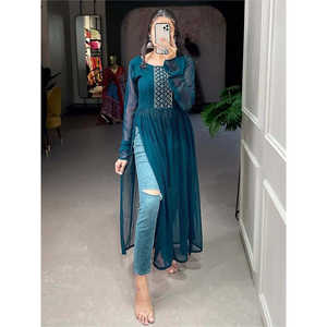 Kurti de fête en georgette brodée bleu sarcelle séduisant pour les tenues de club - Product Image 1