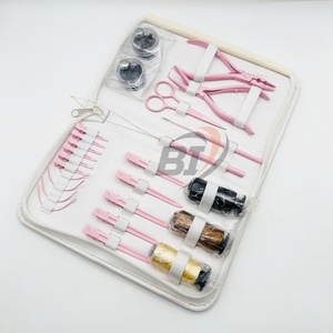 Kit d'outils pour extensions capillaires : Pinces micro-anneaux et de retrait en acier inoxydable rose pâle avec fils à perles et pince de sectionnement des cheveux - Product Image 1