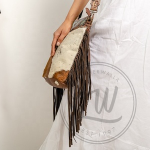 Stylish Vintage Women's Cross Body <b>Bag</b> Hand Tooled Colorful Leather Fringe Shoulder <b>Bag</b> Big Size with Elegant Hide Fur Accent - Product Image 2