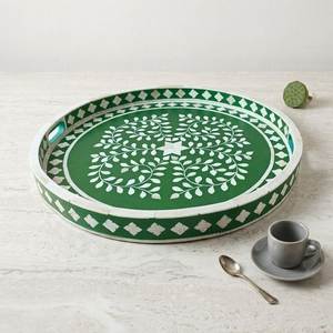 Plateau de service rond de luxe en os incrusté avec motif massif, qualité alimentaire et compatible lave-vaisselle, idéal pour les fêtes, prix de gros - Product Image 1