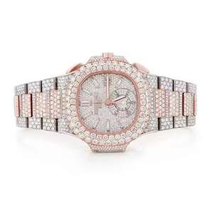 Elegante y Novedoso Joyería Deportiva Hip Hop de Alta Calidad con Moissanita y Diamantes en Oro Rosa, Totalmente Engastada, con Cristal Analógico de Alta Calidad y Correa de Cuero Inoxidable - Product Image 1