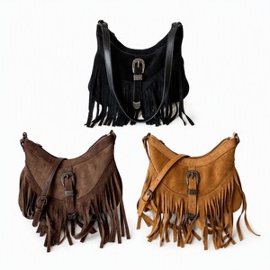 Sac à bandoulière vintage bohème à franges pour femme, sac hobo en daim PU avec pompon et boucle sculptée, sac fourre-tout décontracté - Product Image 1