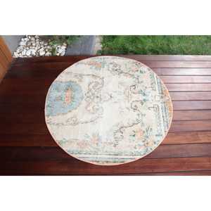 3.37x3.4 ft Vintage <b>Round</b> <b>Rug</b>, Blue <b>White</b> Turkish Camouflage Wool <b>Rug</b> - Product Image 3