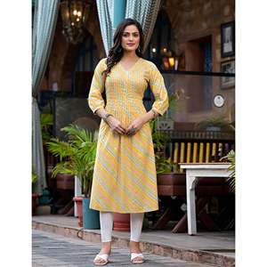 Kurti Recto Lehariya de Algodón Amarillo Hecho a Mano, Estilo Pakistaní, Vestido Indio con Salwar Lehenga, Salwar Kameez Estampado a Mano - Product Image 1