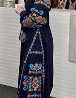 Gaun Ukraina Kasual Wanita Terbaru 2025, Model Midi Unik Bordir V-Neck 100% Katun Lengan Panjang Berkualitas Tinggi dengan Renda Bunga