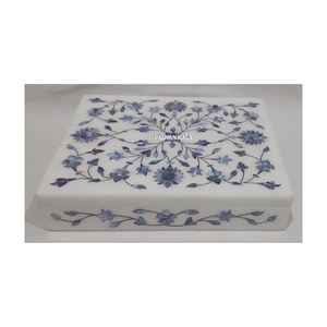 Joyero con incrustaciones de madreperla azul de mármol blanco, diseño Floral hecho a mano, forma rectangular utilizada para embalaje de collares y regalos - Product Image 1