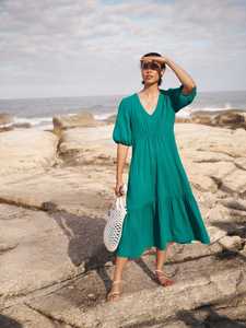 Look attrayant tissu de gaze de coton bohème mi-longueur coupe ample Maxi robe vacances col en V avec robe à demi-manches - Product Image 5