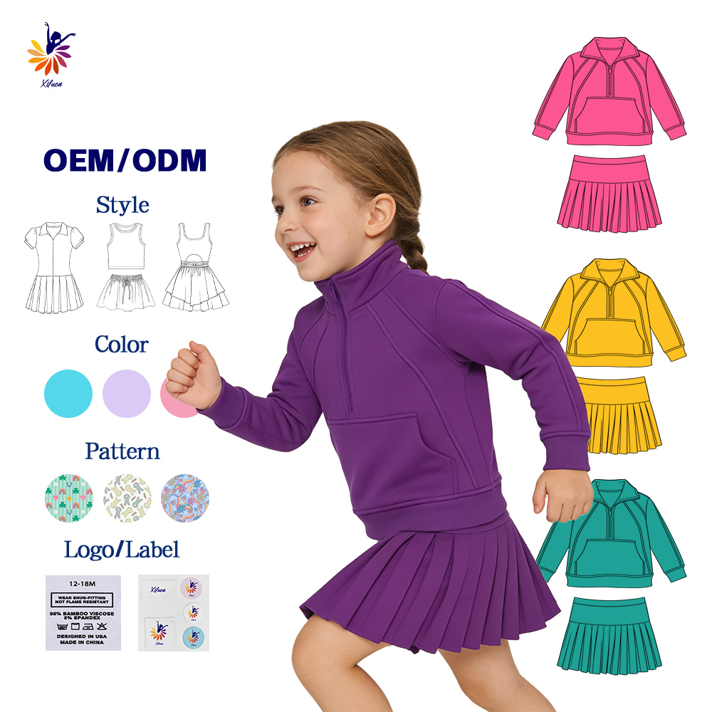 Girls Yoga Set New Arrival New Design Spring Long Sleeve 1/2 Zip Pullover With Pockets Pleated Skirt Built In Shorts