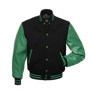 Chaqueta Universitaria Bomber con Mangas de Cuero Color Verde Azulado y Cuerpo Negro, Chaqueta Letterman Personalizada con Mangas de Cuero - Product Image 1