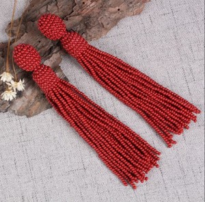 Wine <b>Red</b> Beaded Tassel <b>Earring</b>, Oscar De La Renta Style - Product Image 1